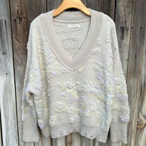 Anthropologie Textured V Neck Sweater Grey Purple Yellow L